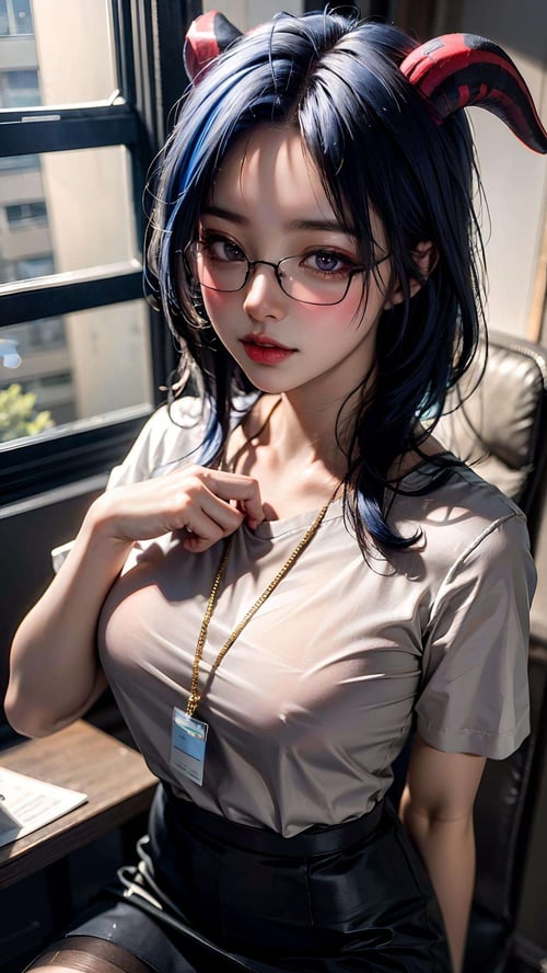 (8k, RAW photo, best quality, masterpiece:1.2), (hyper realisitc texture skin), ultra-detailed, (a beautiful 16 age years old sexy Korean girl:1.2), instagram, (kpop idol, korean mixed), (50mm Sigma f/1.4 ZEISS lens, F1.4, 1/800s, ISO 100, photograpy:1.2), (slim girl), (golden ratio:1.3),(1 girl:1.2), ((solo)), perfect face, extremely delicate and beautiful, detailed skin texture, vibrant shiny skin, medium breasts, (narrow waist:1.2), (makeup:1.2), close-up, ganyu (genshin impact), bangs, black skirt, blush, glasses, horns, id card, medium breasts, office lady, pantyhose, pencil skirt, purple eyes, red-framed eyewear, semi-rimless eyewear, shirt, sidelocks, skirt, white shirt,alternate costume, animal ears, (goat horns), detailed clothes,lace, lace trim, Clothes with complex patterns, ((Blue hair)),(( short hair)),high heels,seductive, shamefaced, sexy, detailed lips, elegance, random expressions, random action,night, (Floor-to-ceiling windows, city), (pureerosface_v1:0.7), <lora:tutu_20230530092930-000005:0.6> <lora:add_detail:0.5> <lora:LowRA:0.45> <lora:ganyuGenshinImpact_offset:0.65>